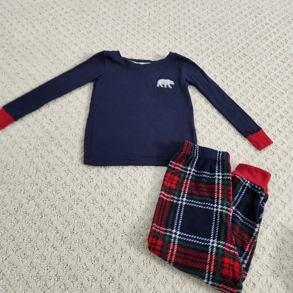 Kids size 4T Pajama Set Navy Polar Bear Top Red Plaid Fleece Pants